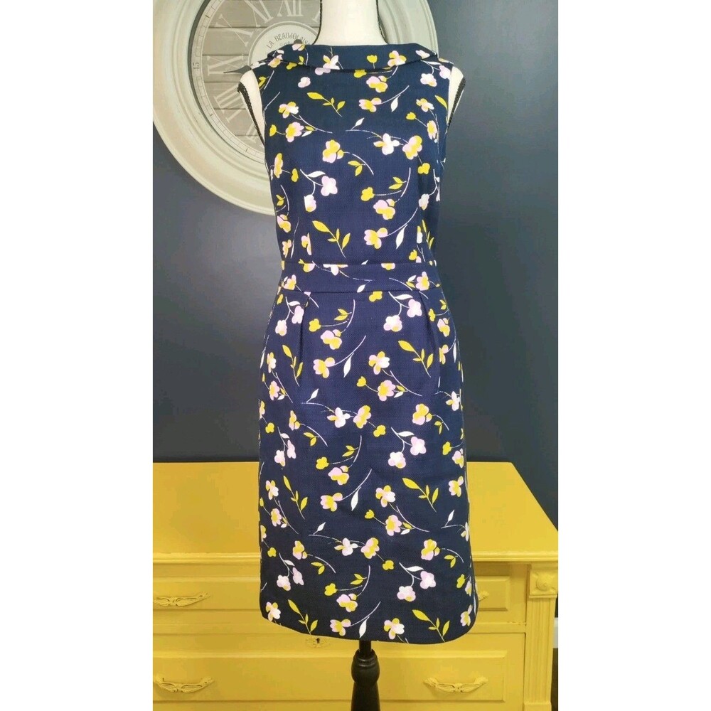 Boden Martha Pencil Dress Size 2 Navy Blue Floral Pattern Midi Textured EUC